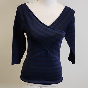White House Black Market Navy Striped V-Neck Top